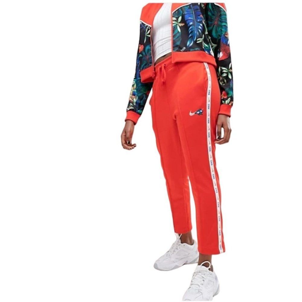 Nike Womens Pants Red  L Tropical Hyper Femme Track Pants Logo Cropped Drawstrin